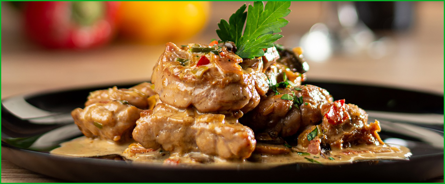 Gourmet Venison goulash with potato dumplings and garnish